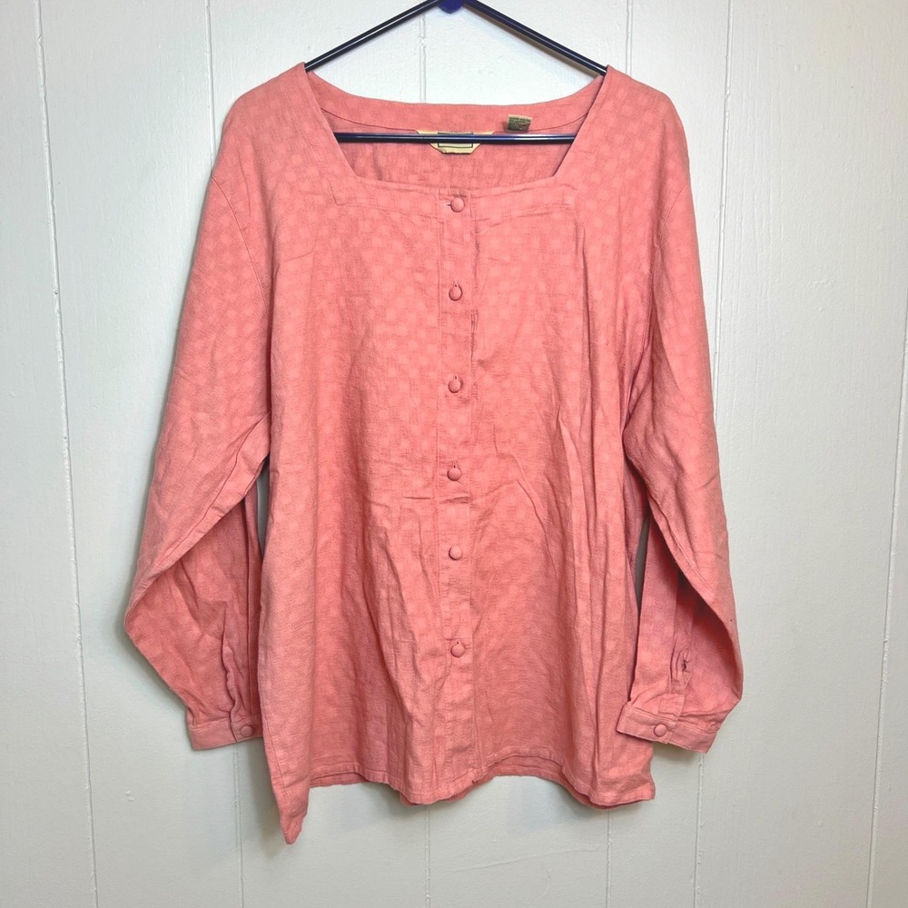 Vintage L.L. Bean‎ Button Up Top Womens 20 Pink Square Neck Long Sleeve Cotton